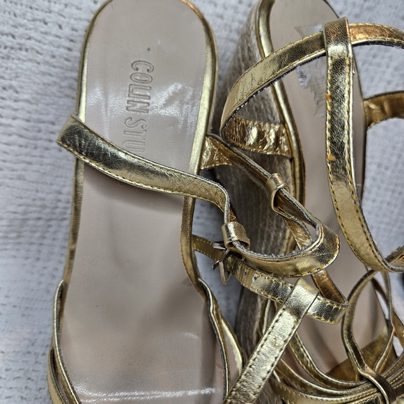 Colin Stuart Gold Strappy Leather Platform Wedge Heel Size 8.5 Womens - Picture 7 of 15